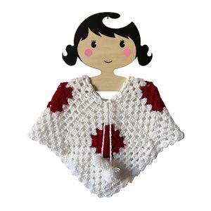 Red and White Crocheted Cable Poncho for Little Girls